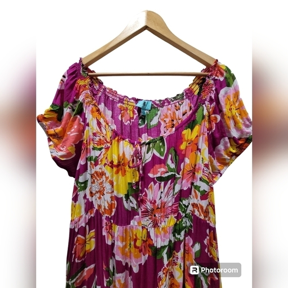 XL Multicolor Floral Off the Shoulder Maxi Dress Elastic Waist - Picture 3 of 8